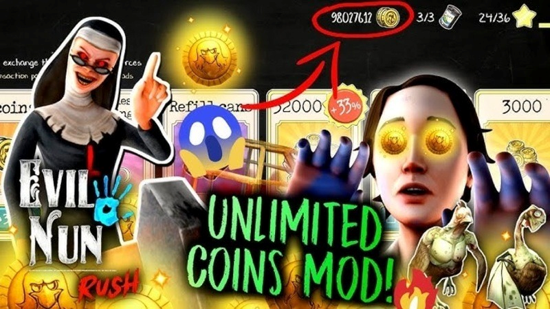 Tính năng Vô hạn tiền và menu trong Evil Nun Hack
